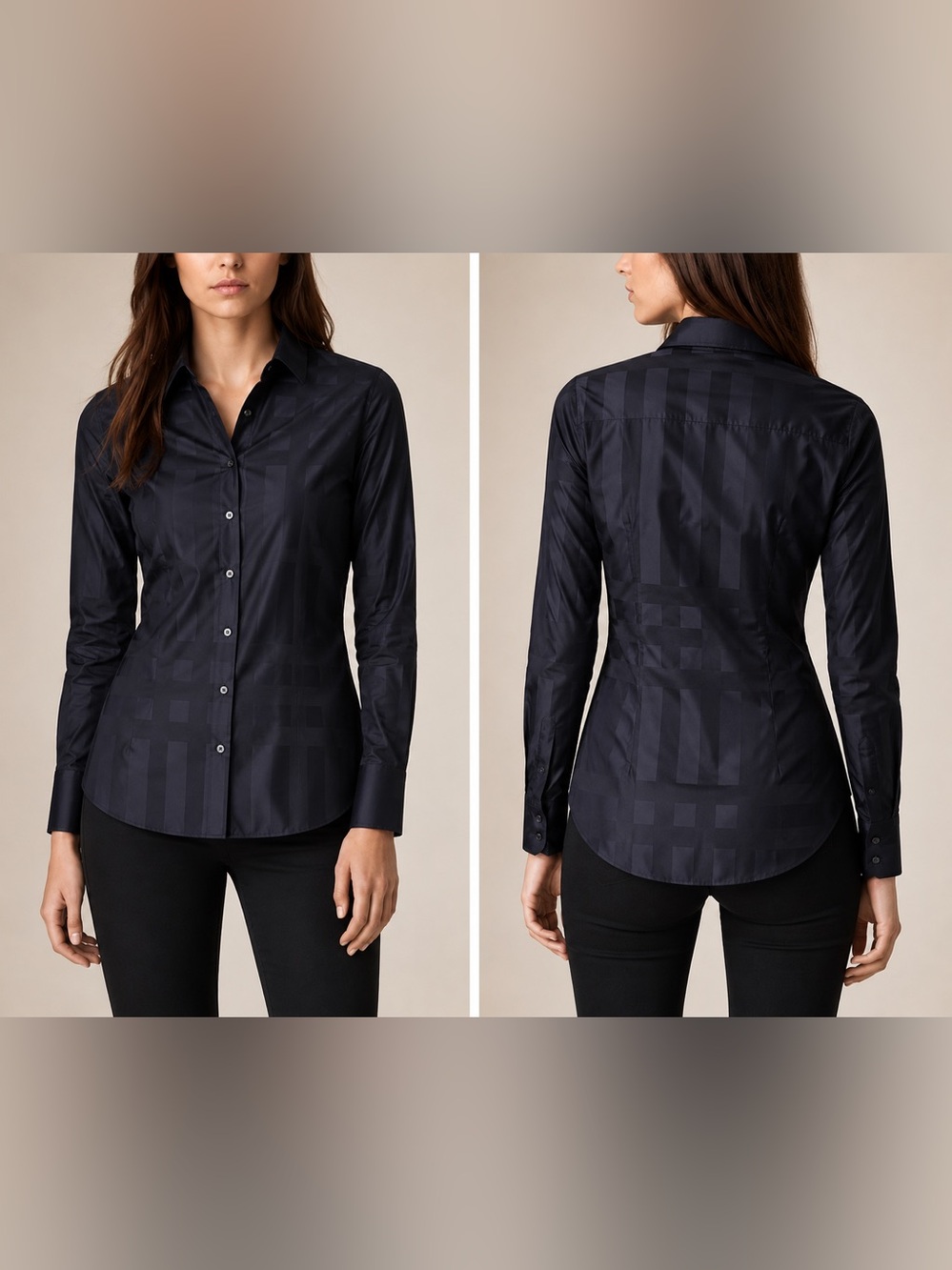 Burberry London Deep Navy Tonal Nova Check Jacquard Cotton Shirt UK 12 US 10